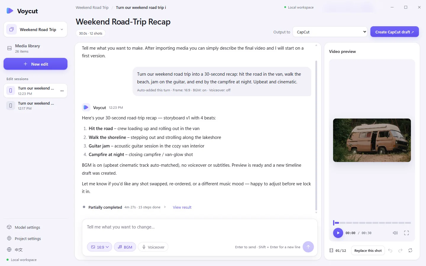 Voycut workspace with the road-trip project: the request, the four-beat plan and the 16:9 preview